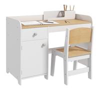 ZONEKIZ Bureau Enfant avec Chaise 3 à 6 Ans 80 x 39 x 59 cm Blanc | Table Enfant avec Tiroir, Placard et Large Plateau, Table pour l'Étude, le Travail et l'Écrire