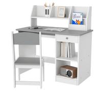 ZONEKIZ Bureau Enfant avec Chaise Ergonomique 90 x 45 x 90 cm Gris | Table Enfant et Chaise avec 2 Tiroirs, Étagères Ouvertes, Niches, pour Étude Travail et Écriture