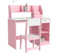 ZONEKIZ Bureau enfant avec chaise ergonomique, table enfant et chaise avec 2 tiroirs, étagères ouvertes et niches, table pour l'étude, le travail et l'écrire, 90 x 45 x 90 cm, rose
