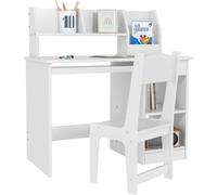 ZONEKIZ Bureau enfant avec chaise ergonomique, table enfant et chaise avec 2 tiroirs, étagères ouvertes et niches, table pour l'étude, le travail et l'écrire, 90 x 45 x 90 cm, blanc