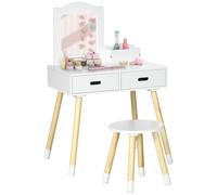 ZONEKIZ Coiffeuse enfant design scandinave avec tabouret miroir et 2 tiroirs 3 à 6 ans 60 x 40 x 95 cm blanc et bois Aosom France