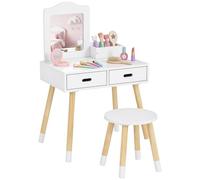 ZONEKIZ Coiffeuse Enfant Fille Tabouret 3-6 Ans 60x40x95 cm Blanc Bois | Table de Maquillage, Miroir, 2 Tiroirs