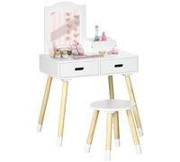 ZONEKIZ Coiffeuse Enfant Table de Maquillage avec Tabouret Miroir et 2 tiroirs 3 à 6 Ans - 60 x 40 x 95 cm - Blanc et Bois