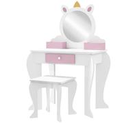ZONEKIZ Coiffeuse Enfants avec Miroir & Tabouret, 3-6 Ans Blanc & Rose | Coiffeuse pour enfants, dressing filles, tiroir, boîtes de rangement, design licorne