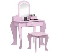 ZONEKIZ Coiffeuse pour Enfant avec Tabouret et Miroir, Fille 3-6 Ans, Rose | Petite Table de Maquillage, avec Tiroir, 2 Compartiments Ouverts