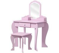 ZONEKIZ Coiffeuse pour enfant avec tabouret et miroir, table de maquillage avec tiroir et 2 compartiments, 55x36x86cm, rose