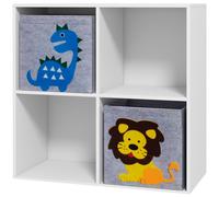 ZONEKIZ Meuble étagère bibliothèque 4 cases 2 cubes paniers tissu motif dinosaures pour chambre enfant 62 x 30 x 62 cm blanc