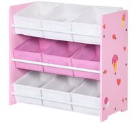 ZONEKIZ Mobilet Portagiochi avec 9 Paniers Amovibles en Bois et Tissu, 63x30x60 cm, Rose et Blanc