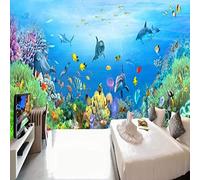 ZONOKI Papier Peint 3D Aquarium Dauphin Poisson Rouge Corail, Paysage Du Monde Sous-Marin Bleu Photo Panoramique DéCoration - pour Salon Chambre D'Enfants Restaurant DéCoration Murale 200 x 140 cm