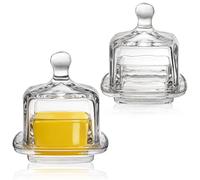 ZOOFOX Lot de 2 beurriers en verre, petit récipient à beurre en verre avec couvercle et poignée facile à saisir, plat de rangement transparent avec couvercle, mini récipient à beurre carré