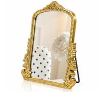 ZOOFOX Miroir de table vintage de 30 x 24,4 cm, miroir de maquillage antique arqué avec cadre en bois complet, petit miroir baroque sculpté sur pied pour salon, chambre à coucher, commode, décoration