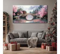 ZORYAN Tableau Decoration Murale pour Salon Japonais Sakura Impression sur Toile Moderne Paysage Fleur de Cerisier Affiche Poster Oriental Pont Chambre Adulte Cadre en Bois 50x100 cm