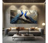 ZORYAN Tableau sur Toile Peinture à l'huile Paon Grand Format XXL Decoration Murale Animal Oiseau Bois pour Salon Chambre Vintage Plume Art Mural Moderne 80x160 cm