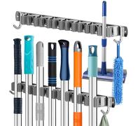 Zosenyer 2 Pièces Accroche Balai Mural Sans Percage, Porte Balais Mural avec 14 Supports und 4 Crochets, Porte Outils Mural Vadrouille pour Salle de Bain, Garage, Outils de Jardinage, Cuisine