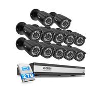 ZOSI Kit Vidéosurveillance 16CH 12 Caméras Noir 1080P H.265+ 2To Extérieur | Vidéo surveillance filaire, Enregistrement 24/7, DVR 16CH 2To H.265+, Détection IA personnes/véhicules, sans abonnement.