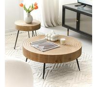 Zouron Table Basse en Bois Lot de 2 Design en Forme de Vague d'eau Table d'appoint Table de Salon Ronde 77x77x36.5 cm avec 40x40x46.5 cm （Bois de pin + Base en métal）,Vintage Brun