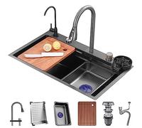 ZQFHSX Ensemble de Cuisine GMTstore avec évier Cascade à Une cuve, Poste de Travail à revêtement Nano, Robinet extractible et Lave-Tasses sous Pression (Couleur : A, Dimensions : 68 x 45