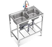 ZQFHSX Ensemble évier Professionnel 2 Compartiments pour Restaurant avec Robinet et étagère de Rangement, Double bac à Mains de 82 cm.