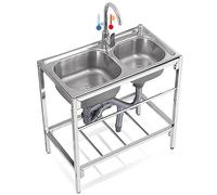 ZQFHSX Ensemble Utilitaire de Restaurant en Acier Inoxydable à 2 Compartiments avec Robinet, Plan de Travail et étagères de Rangement, lavabo Double.
