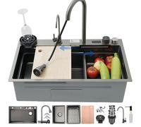 ZQFHSX Évier Cascade avec Del, évier de Poste de Travail à encastrer/à Poser, Cuisine en Acier Inoxydable Comprenant Robinet extractible, Distributeur de Savon, Robinet d'eau Potable (NOI