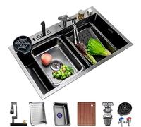 ZQFHSX Évier Cascade avec Robinet pivotant à 1080° en Acier Inoxydable, Poste de Travail de Cuisine à Une cuve, Lave-Tasses Coulissant et Double Montage (Couleur : Noir, Dimensions : 68 x