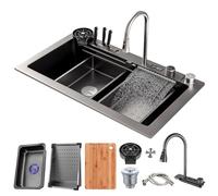 ZQFHSX Évier de Cuisine Multifonctionnel à Effet Cascade, avec Robinet extractible, Lave-Tasses, Porte-Couteaux et système d'égouttage, Poste de Travail en Acier Inoxydable, évier de Bar