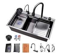 ZQFHSX Évier de Cuisine Noir et Gris à Effet Cascade avec Robinet extractible, Lave-Tasses, Bouton et Ensemble de vidange, évier de Travail en Acier Inoxydable 304, Grand bac Unique à enc