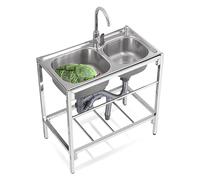 ZQFHSX Évier Utilitaire Double bac, évier de Cuisine en Acier Inoxydable, lavabo de préparation Commercial sur Pied avec Robinet d'eau Chaude et Froide pour Bars extérieurs, Garage ou bua