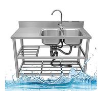 ZQFHSX Évier Utilitaire en Acier Inoxydable pour Cuisine Professionnelle, sur Pied, avec Plan de Travail, Double étagère de Rangement, égouttoir et Robinet. Idéal pour Restaurant, Garage,