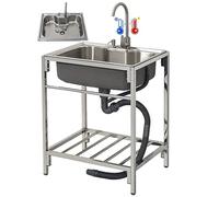 ZQFHSX Évier Utilitaire sur Pied en Acier Inoxydable avec étagères de Rangement, égouttoir et Robinet pour Cuisine extérieure, Garage, Restaurant Commercial, buanderie
