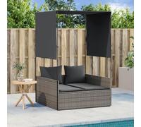ZQQLVOO Chaise longue double avec toit et rideaux Gris Poly rotin Ensemble de meubles de jardin avec coussin rembourré pour un grand confort