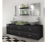 ZQQLVOO Ensemble de meubles de salle de bain 7 pièces noir avec meuble | Matériau en bois, bac en céramique résistant aux rayures, 4 tiroirs, vis de vidange pop-up, accessoires de montage inclus