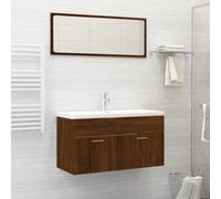 ZQQLVOO Lot de 2 meubles de salle de bain aspect chêne marron | Armoire inférieure, miroir, montage mural, espace de rangement, plaque supérieure pour lavabo, surface lisse