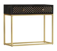 ZQQLVOO Table console noire et dorée - 90 x 30 x 75 cm - En bois massif de manguier avec 2 tiroirs - Structure en acier - Style industriel - Pour salon, commode - Rangement durable - Plateau de table