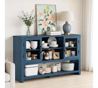 Zstar Buffet de Cuisine Vintage 135 cm - 3 étagères et 2 Portes vitrées - Grand capacité pour Salle à Manger, Salon ou entrée - Coloris : Bleu embossé