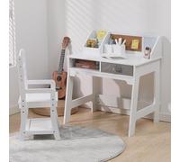Zstar Bureau et Chaise Enfant avec tiroirs, Porte-stylos, Tableau liège, étagère - Ensemble réglable en Bois pour étude, Chambre ou Salle de Jeux - Idéal 3-8 Ans - Blanc
