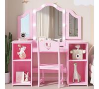 Zstar Coiffeuse Enfant 2-en-1 en Bois avec Miroir LED Pliable, 5 tiroirs, 4 Compartiments Ouverts et Tabouret - Table Maquillage scandinave (Rosa)