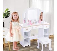 Zstar Coiffeuse Enfant avec Miroir et 3 tiroirs - Ensemble Table et Chaise en Bois - Vanity Princesse avec Accessoires - pour Fille 3-9 Ans - Idéale Chambre ou Salle de Jeux - Couleur Blanche