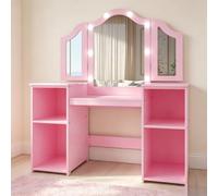 Zstar Coiffeuse enfant princesse avec miroir tri-volets lumineux - Table maquillage bois 2-en-1 avec grand rangement, tiroir, étagères - Chaise incluse, montage facile - Idéal fillettes - Couleur : US