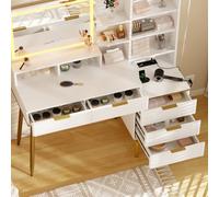 Zstar Coiffeuse Moderne avec Miroir LED éclairé - 5 tiroirs spacieux - Prises électriques et Ports USB intégrés - Étagères réglables - Design à Panneaux cannelés - Table de Maquillage idéale pour