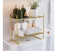 Zstar Étagère Murale de Salle de Bain, WC, en métal, avec 2 Crochets, à 2 étages, Meuble de Salle de Bain pour Le Mur, Peu encombrant, Moderne, dorée, 45 x 16 x 36 cm