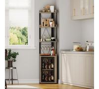 Zstar Meuble Bar d’Angle 70'' Industriel Grain de Bois Gris | étagères réglables, porte grillagée, rangement à vin mixte bois-métal, idéal salon, cuisine et salle à manger