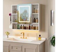 Ztexkee Armoire Salle de Bain avec Miroir Murale Armoire Miroir avec Éclairage et Fonction Antibuée, Affichage de l'horloge, Prise, 8 Compartiments et Support pour sèche-Cheveux,90 * 80 * 16cm
