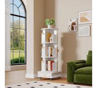 Ztexkee Bibliothèque Rotative à 3 Niveaux Étagère Tournante Rotative à 360° avec Déflecteur Étagère à 4 roulettes avec 1 tiroir pour Coucher, Salon, Bureau, 40x40x113.5 cm Blanc