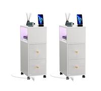 Ztexkee Lot de 2 Table de Chevet étroite avec Prise et Bande Lumineuse LED, Table d'appoint étroite avec roulettes, Table de Chevet avec 2 tiroirs et 2 Compartiments de Rangement Blanc