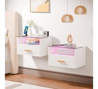 Ztexkee Lot de 2 Tables de Chevet Murales Table de Nuit avec Prise et Bande Lumineuse RVB Verre Tables de Chevet Suspendue avec 1 tiroir et 1 Compartiment pour la Chambre à Coucher, Le Salon Blanc
