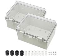 Zulkit Lot de 2 boîtes de jonction en plastique ABS étanche à la poussière IP65 - Boîtier à charnière universel pour projet extérieur - Couvercle transparent avec 2 presse-étoupes - 220 x 170 x 110 mm