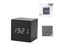 Zunate Réveil en Bois, 6x6x6cm Réveil Numérique en Bois, alimenté par Batterie, Affiche L'heure et la Température, Horloge en Bois Moderne pour Table de Chevet et Bureau (Bois Noir + lumière Blanche)