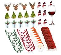ZUNOXAZ Breloques en Bois pour Verre à Vin 80 Pcs Marque-verre Décoratif Noël Motifs Père Noël Renne Bonhomme de Neige Sapin Cloche Décoration Festive pour Fêtes