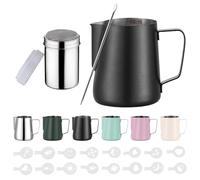 Zuquik Pot à lait Barista en acier inoxydable 600 ml avec mesure Mark 20 oz, pot à mousse de lait avec saupoudreur de cacao, 16 pochoirs et stylo pour cappuccino et expresso, Nior